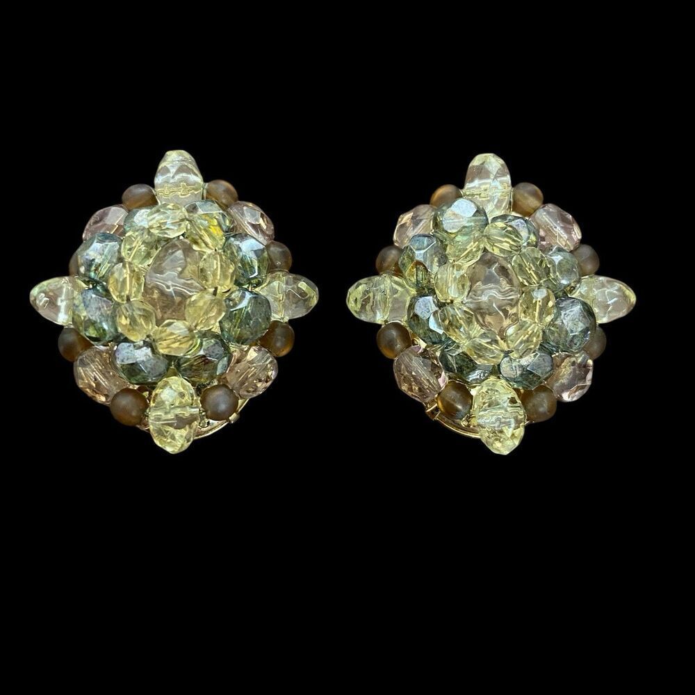Vintage Liz Claiborne Beaded French Clip Earrings Signed LCI Yellow Pink Gray